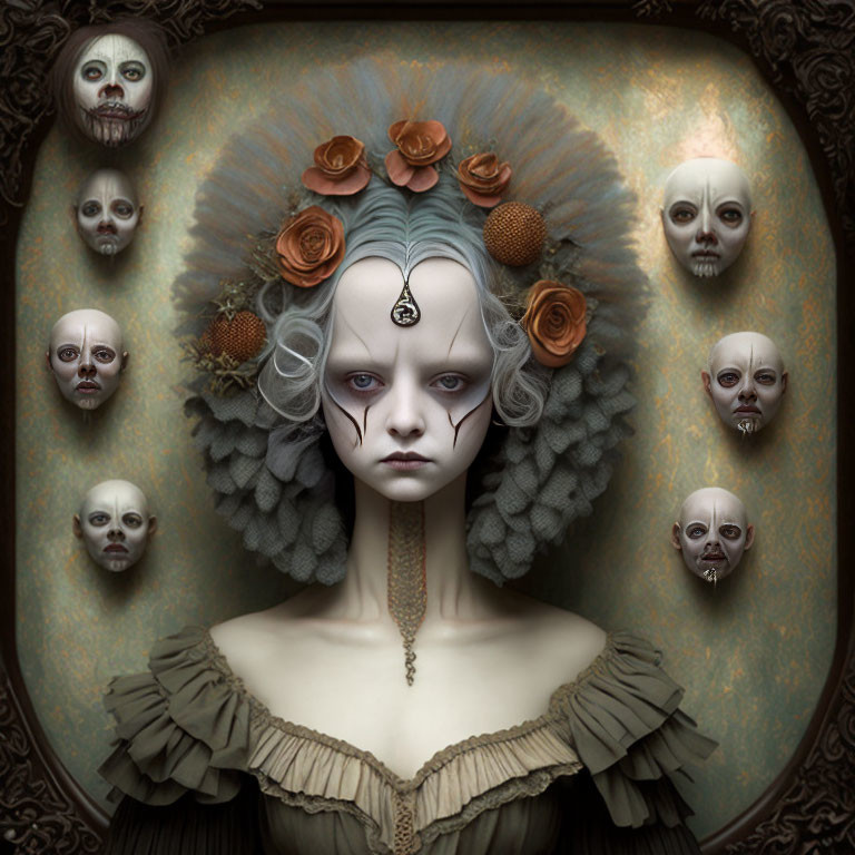 Surreal portrait of a woman with pale skin and third eye in Victorian attire surrounded by disembodied