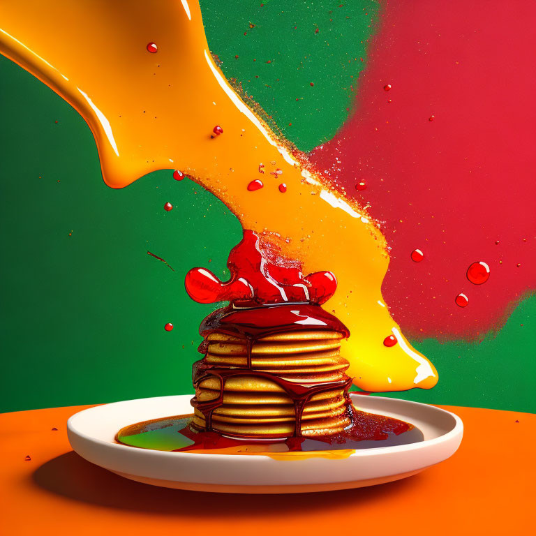 Stack of Pancakes with Syrup on Plate Against Tri-Color Background