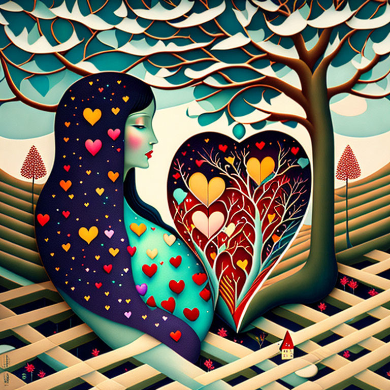 Surreal illustration: woman merges with heart-shaped tree in colorful landscape