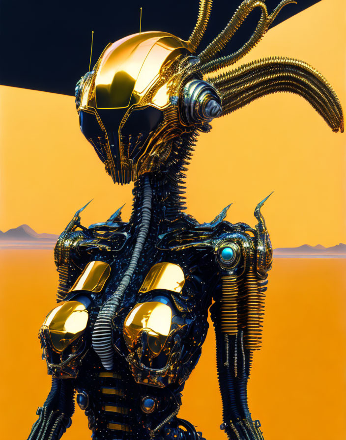 Complex Golden Headed Futuristic Robot on Orange Background