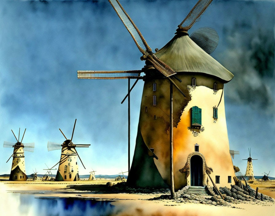 Surreal painting of distorted windmills in arid landscape