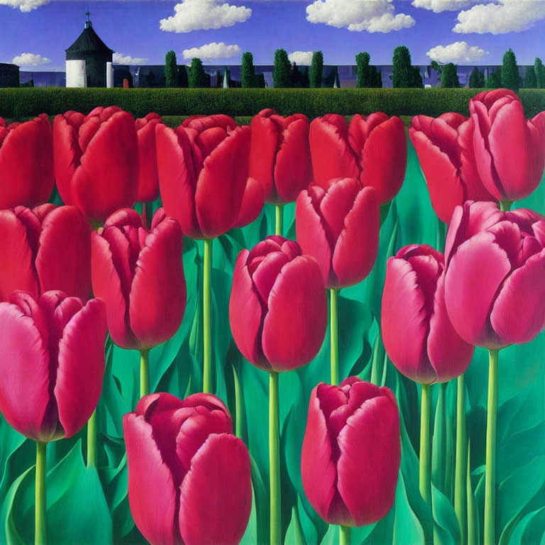 Scenic red tulip field with blue sky and trees