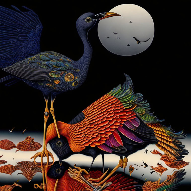 Colorful Stylized Birds Against Night Sky with Moon