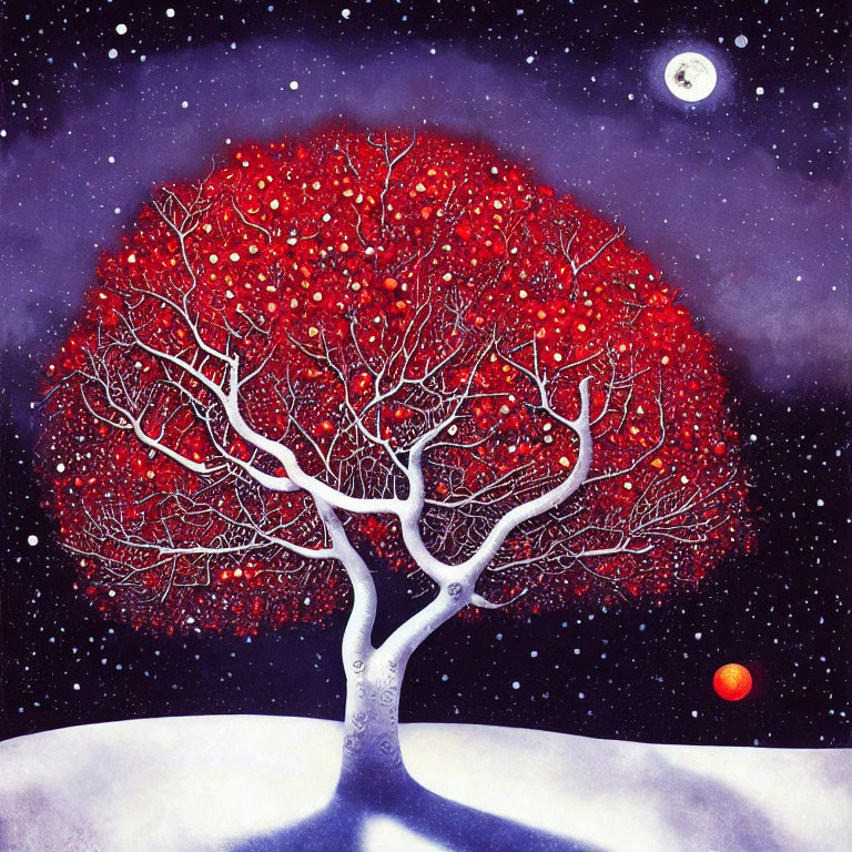 Vibrant red tree under starry sky with crescent moon and orange planet on snow-covered landscape