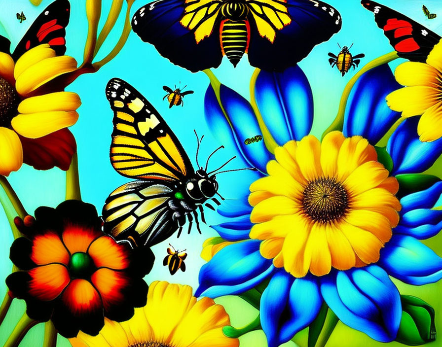 Colorful Butterflies and Flowers Painting on Sky-Blue Background