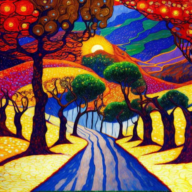 Colorful Stylized Landscape Painting with Winding Path, Whimsical Trees, Hills, and