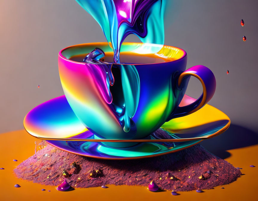 Iridescent Tea Cup and Saucer Pouring Liquid on Textured Surface