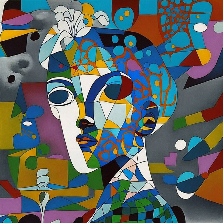 Colorful Cubist Abstract Painting of Female Profile in Geometric Shapes