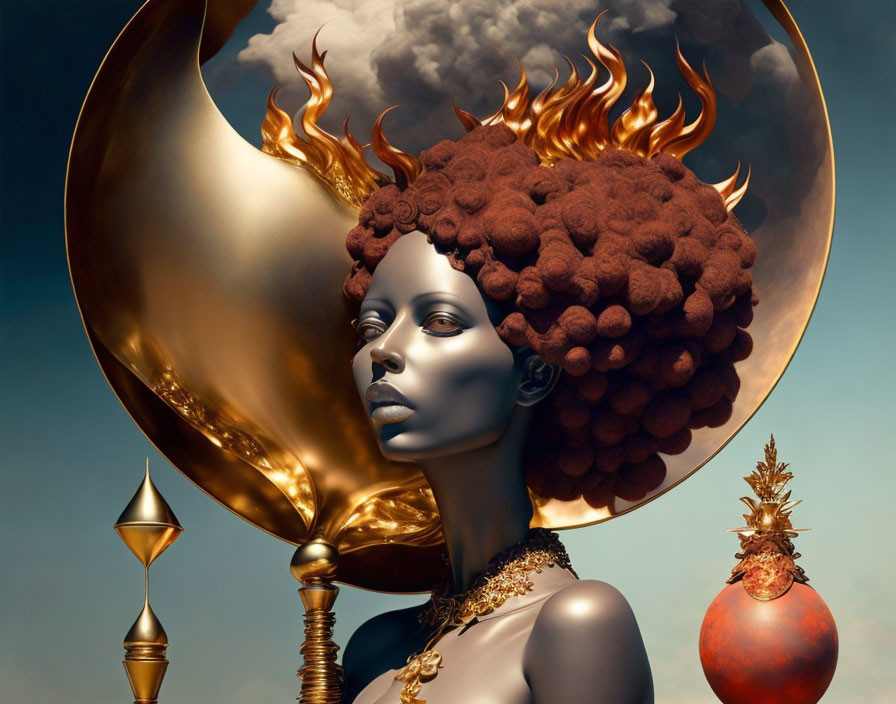 Surreal artwork: woman with dark skin and afro hair against golden hourglass