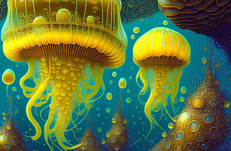 Vibrant digital art: Yellow jellyfish in underwater scene