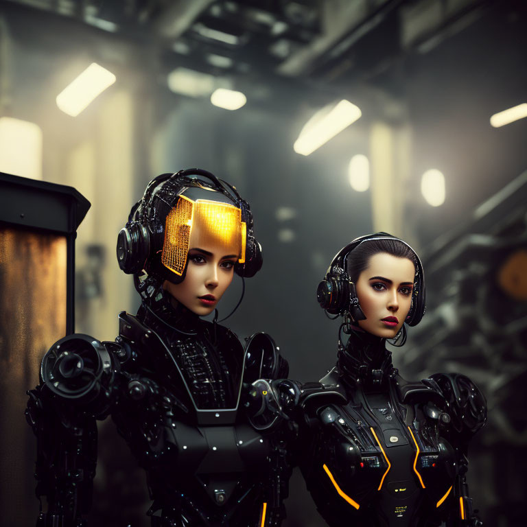 Futuristic female humanoid robots in black suits with intricate headgear