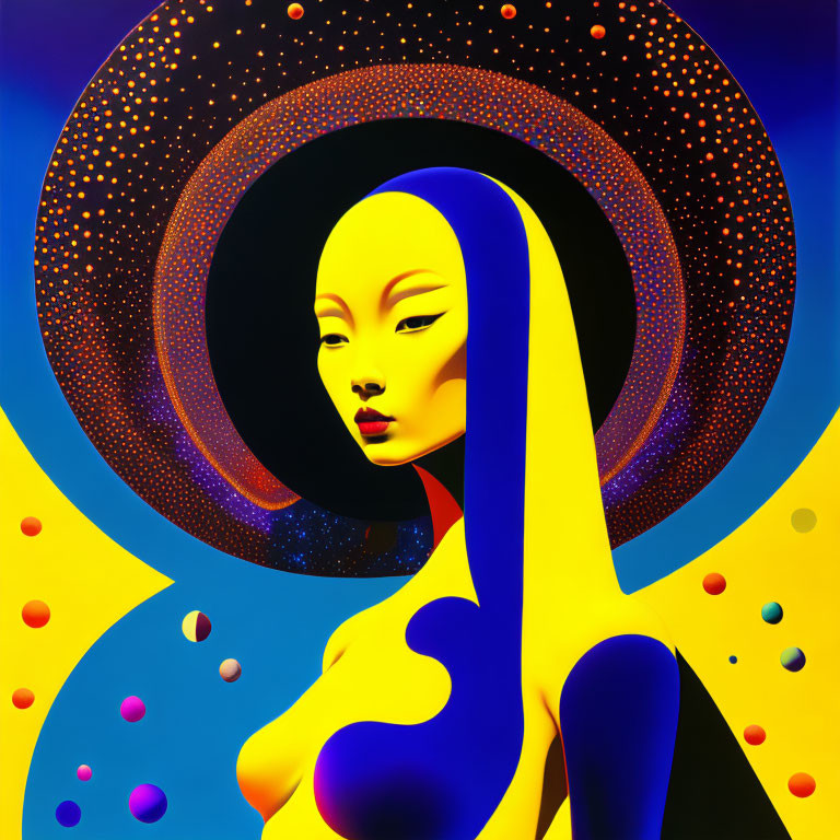 Vibrant illustration of stylized woman in cosmic setting