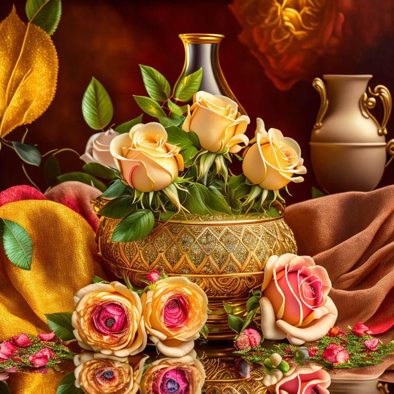 Luxurious golden vase with yellow and pink roses in elegant setting