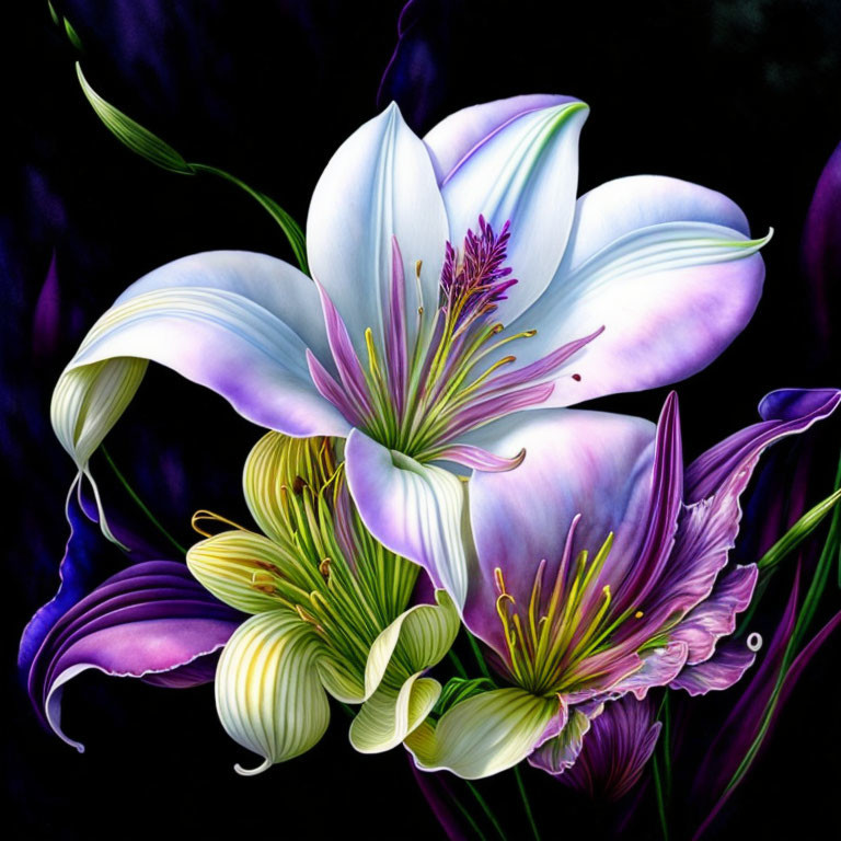 Detailed White and Purple Lilies Digital Painting on Dark Background