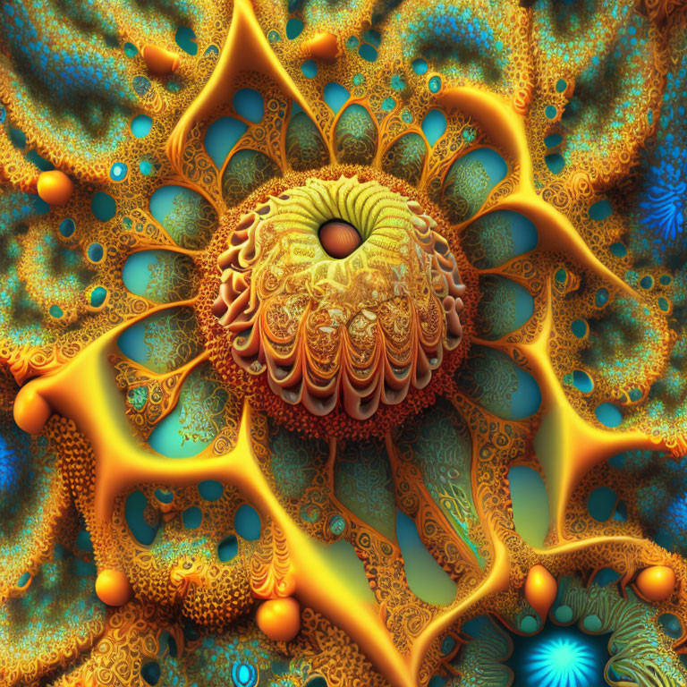 Colorful Fractal Art with Sun Motif and Intricate Patterns