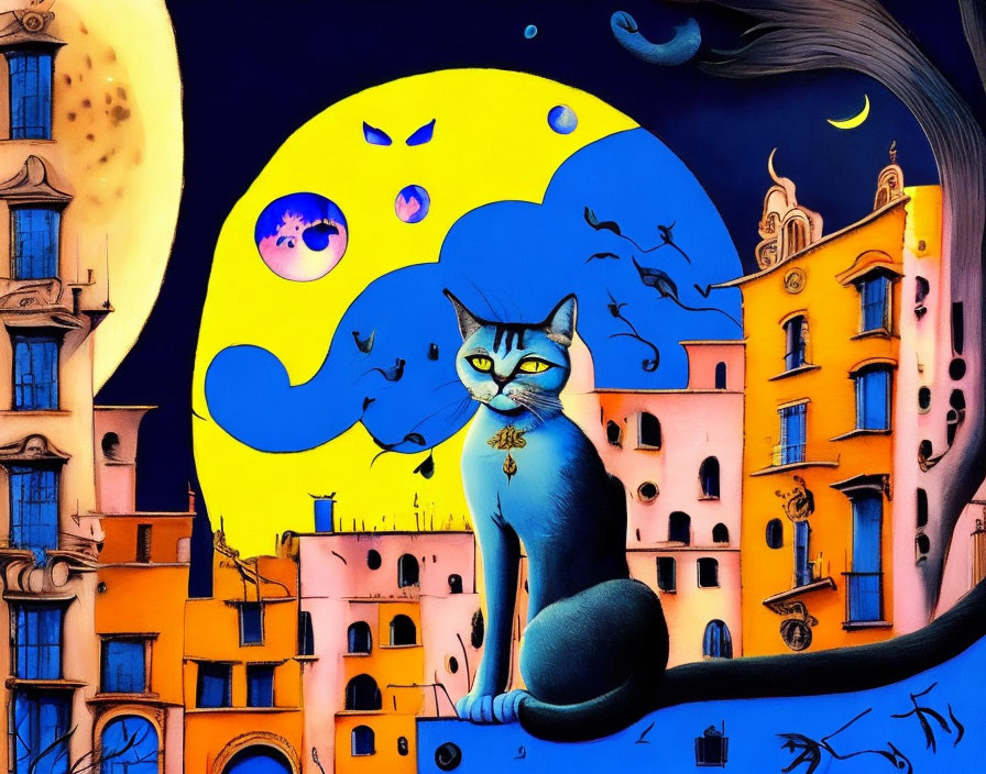 Stylized painting: Large blue cat, yellow moon with faces, whimsical city buildings at night