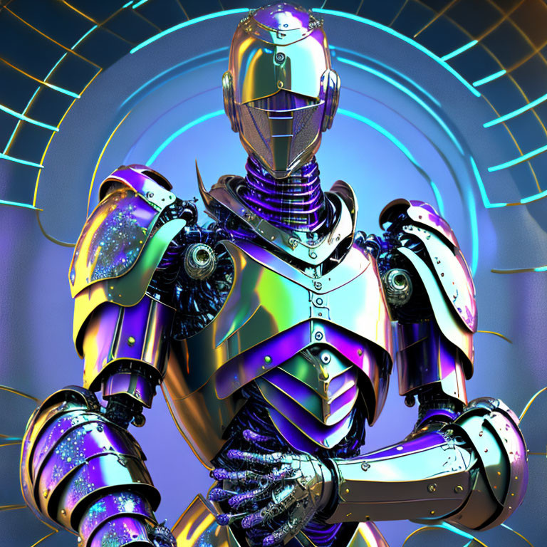 Iridescent armored futuristic robot on neon digital grid.