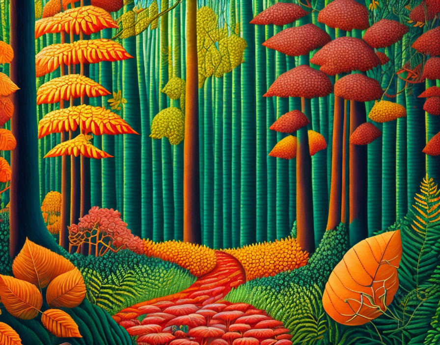 Colorful Fantasy Forest with Giant Mushrooms and Orange Pathway