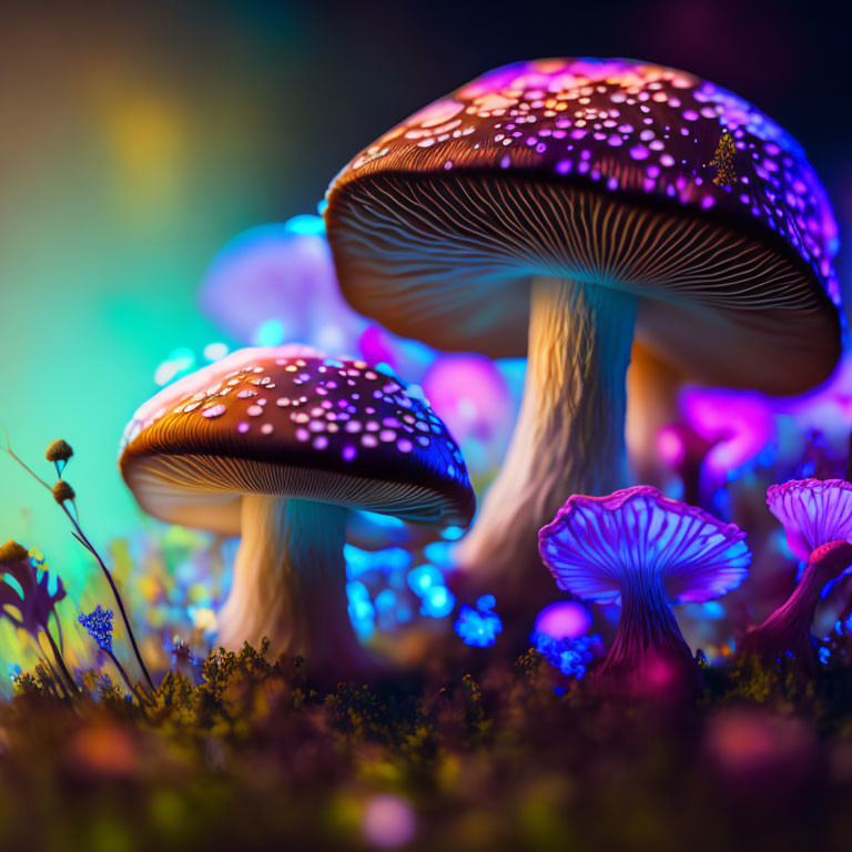 Colorful Glowing Mushrooms Against Dreamy Background