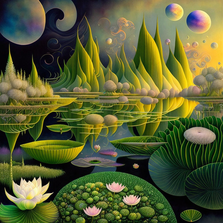 Vibrant surreal landscape with green plants, lotus flowers, celestial bodies, and dreamlike details