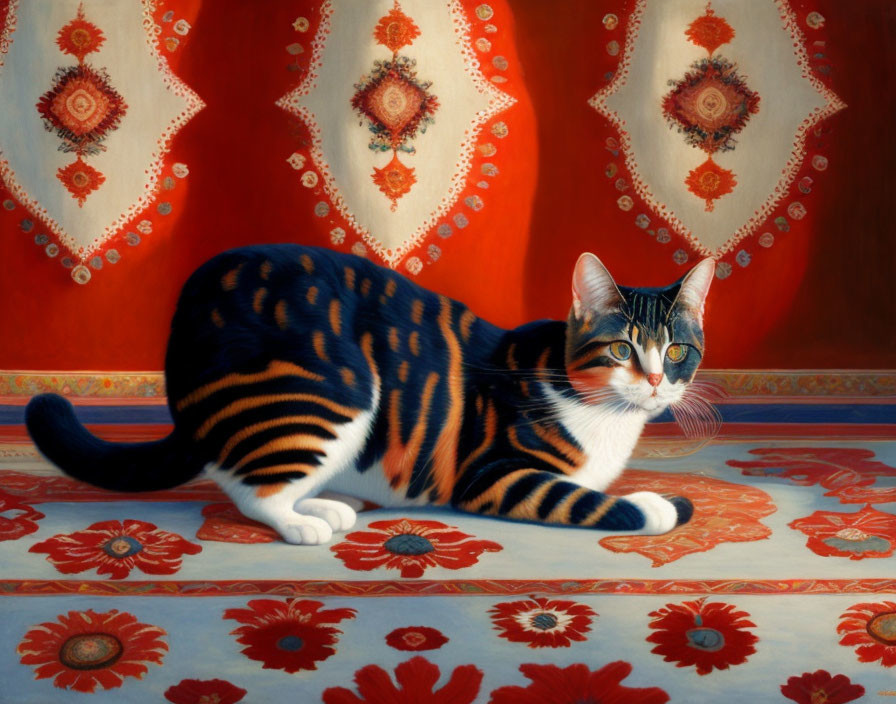 Tabby Cat Resting on Red Rug with Ornate Patterns