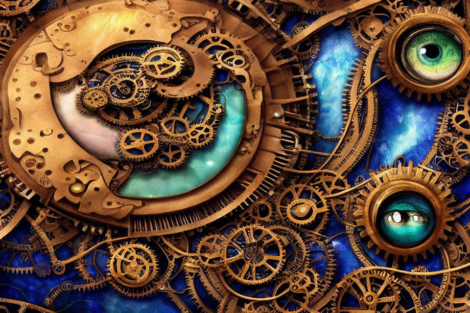 Steampunk artwork with mechanical gears and realistic eyes on blue backdrop