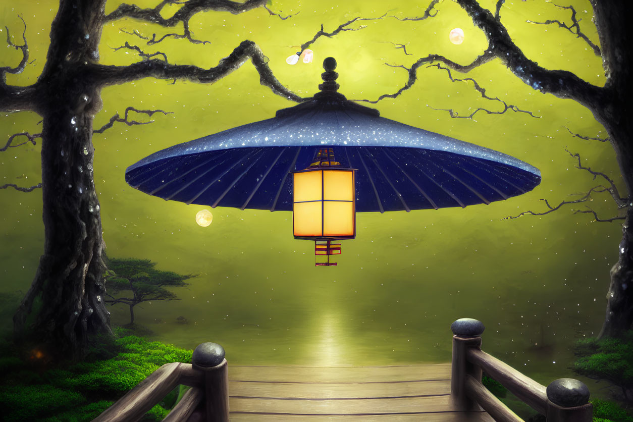 Mystical oversized blue umbrella, lantern, wooden bridge, twisted trees, and floating orbs in a