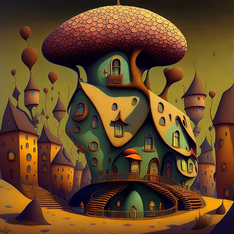 Whimsical mushroom-shaped houses in fantasy landscape