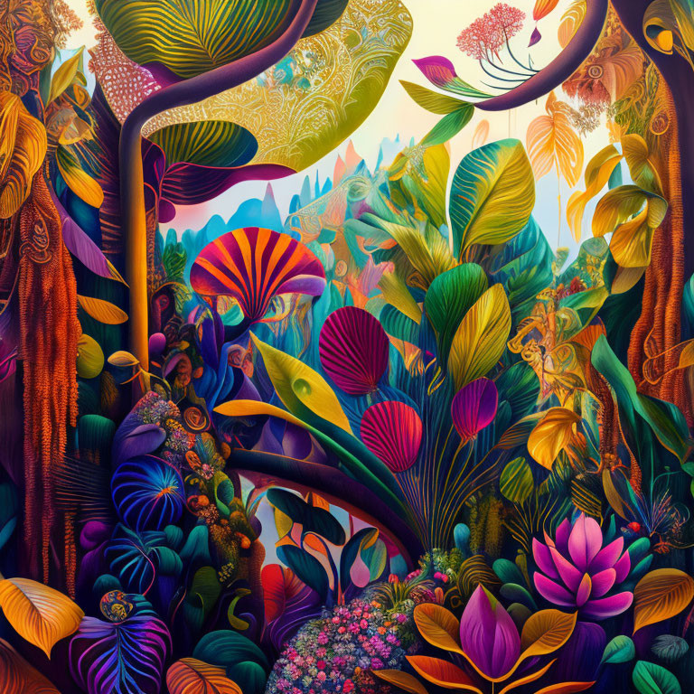 Colorful psychedelic forest with intricate plants and whimsical patterns.