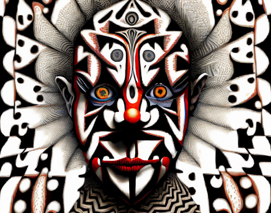 Colorful multi-eyed tribal mask on fractal background