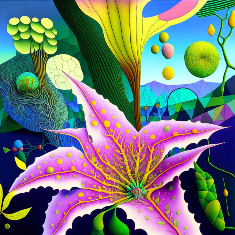 Colorful digital artwork: Pink and yellow flower in fantastical landscape