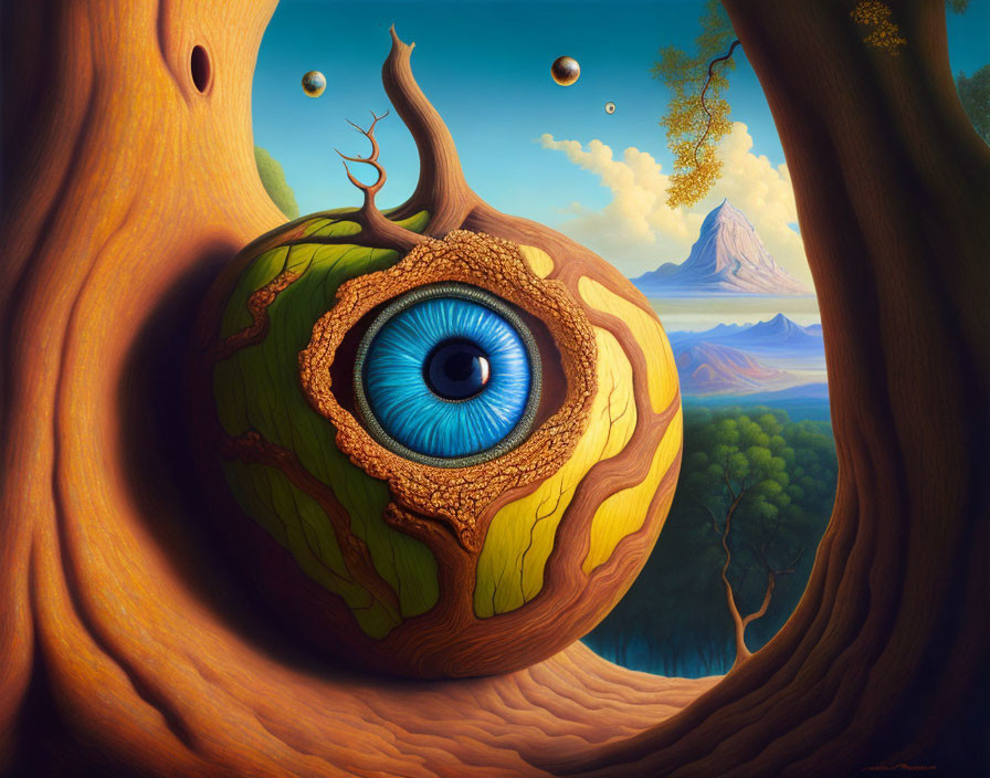 Surreal landscape painting with eye-tree and snail overlooking valley