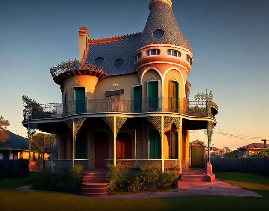 Victorian house with turret, ornate trim, and wraparound porch at sunset