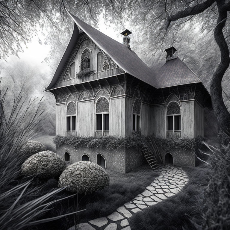 Monochrome image of gothic-style house in mist with detailed woodwork