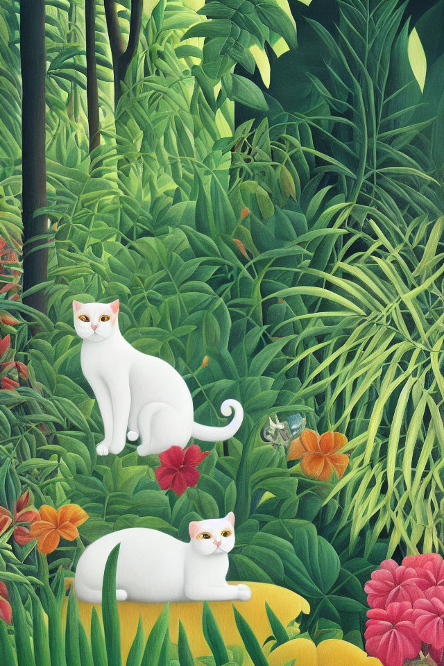 Two White Cats in Lush Greenery with Flowers and Hidden Mouse