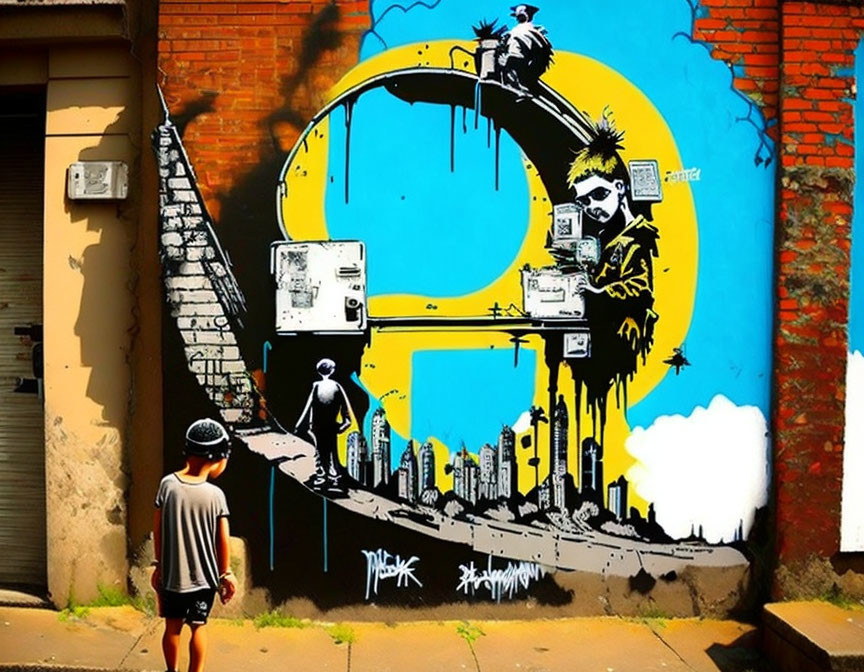 Colorful street mural: Figure pouring paint, cityscape, yellow and blue background