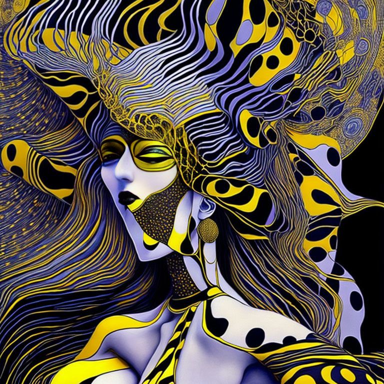 Stylized female figure with yellow and black patterns and flowing hair