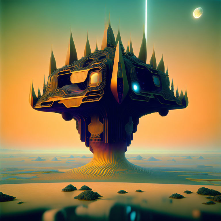 Futuristic tree-like structure in desert landscape under orange sky