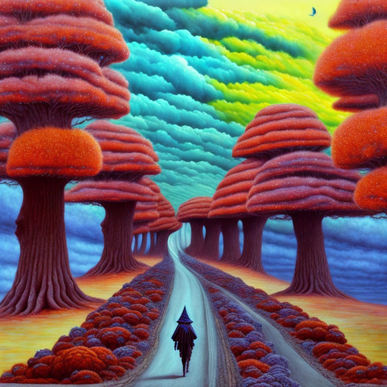 Person with umbrella walking among whimsical orange trees under vibrant sky