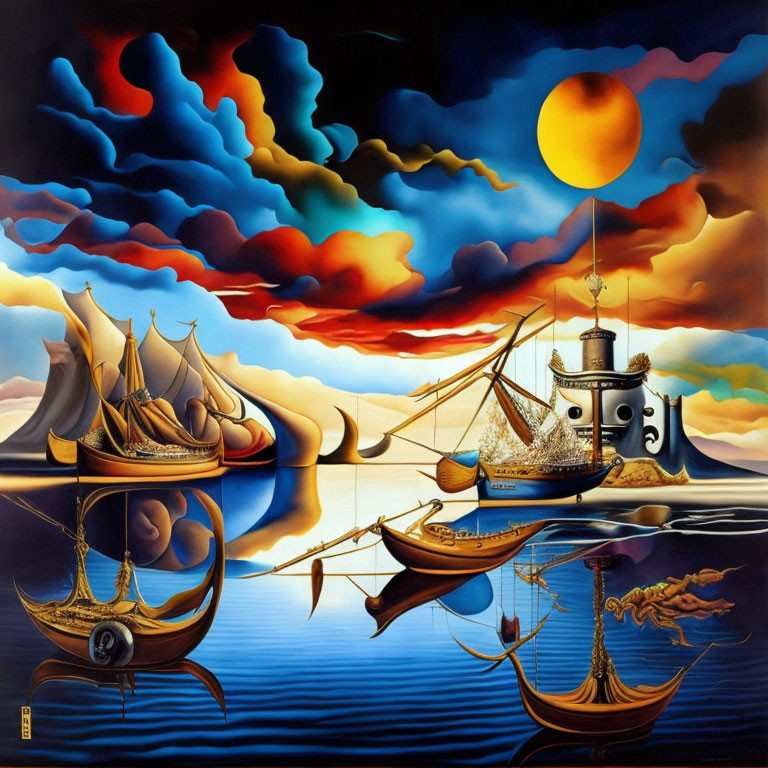 Surrealist painting: Ships and boats with unique elements under dramatic sky