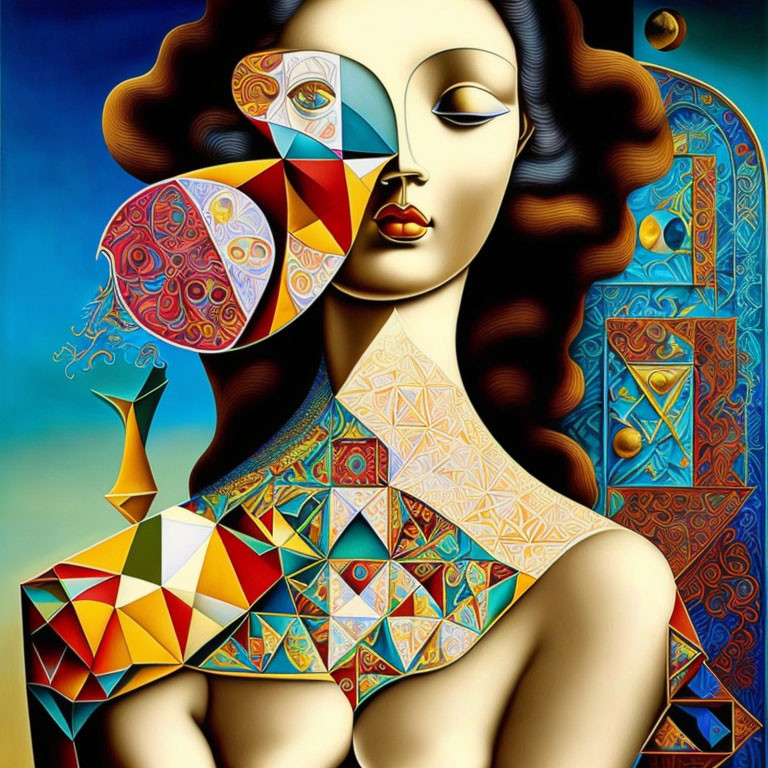 Colorful Geometric Pattern Overlay on Surrealistic Woman Portrait