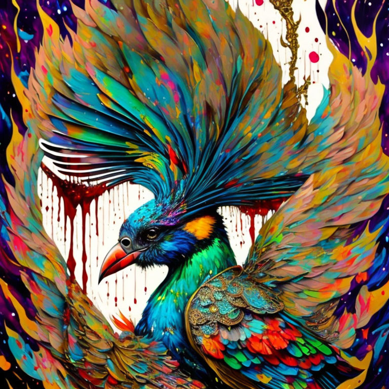 Colorful bird illustration with spread wings in vibrant hues