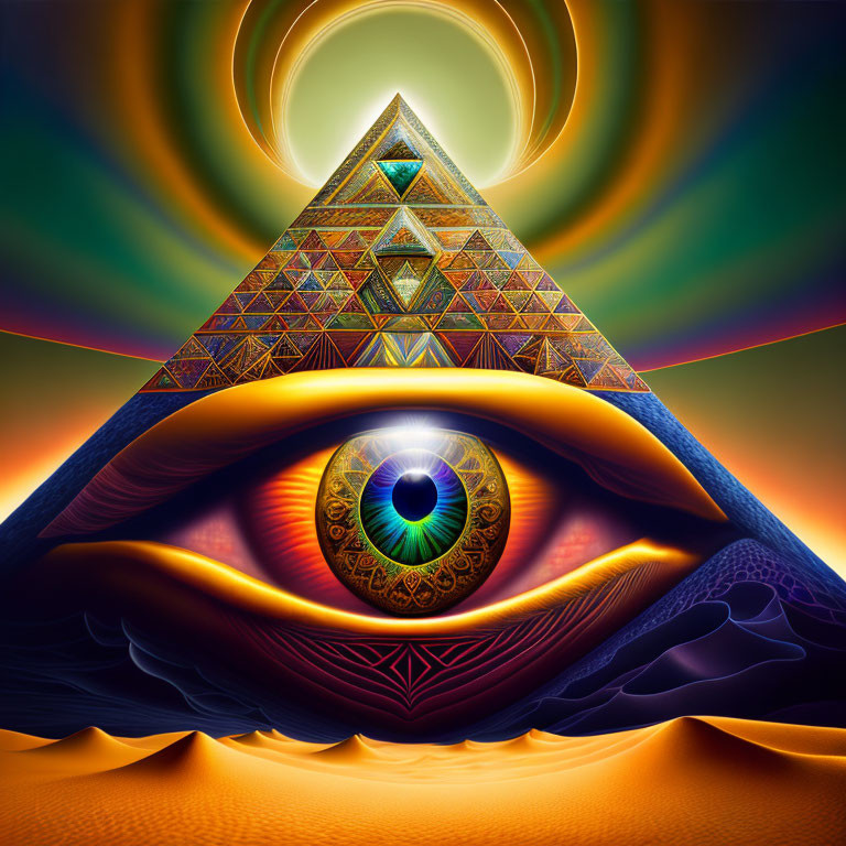 Eye of Providence in desert with pyramid & intricate patterns