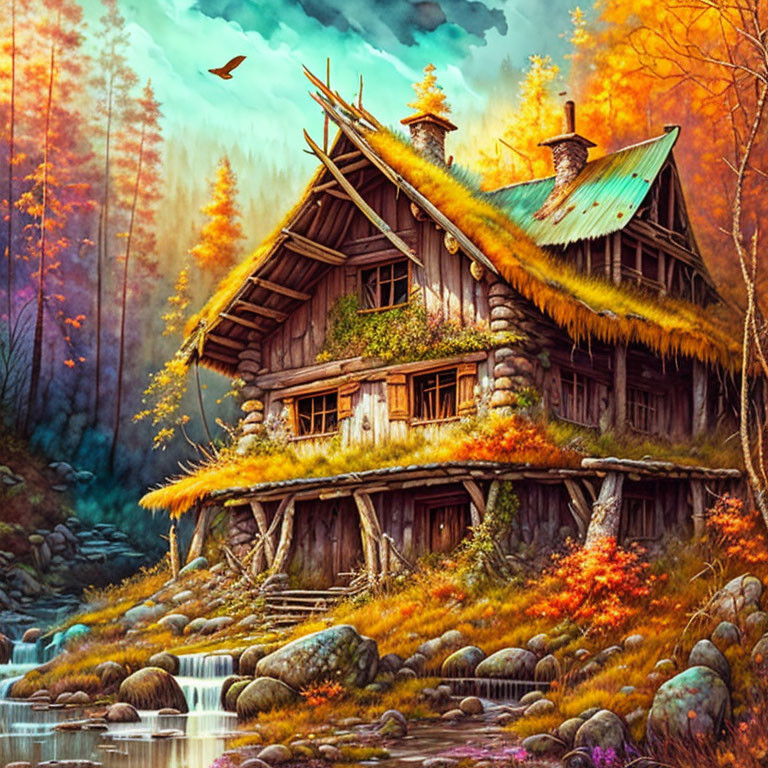 Rustic wooden cabin illustration in autumn woodland