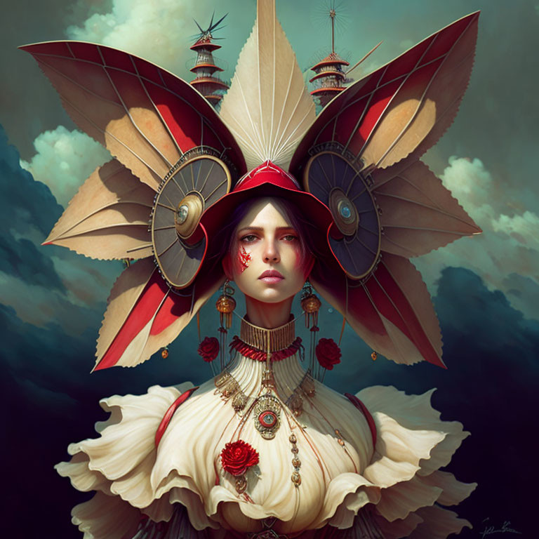 Fantasy portrait of woman with red hat, mechanical wings, roses, cloudy sky.