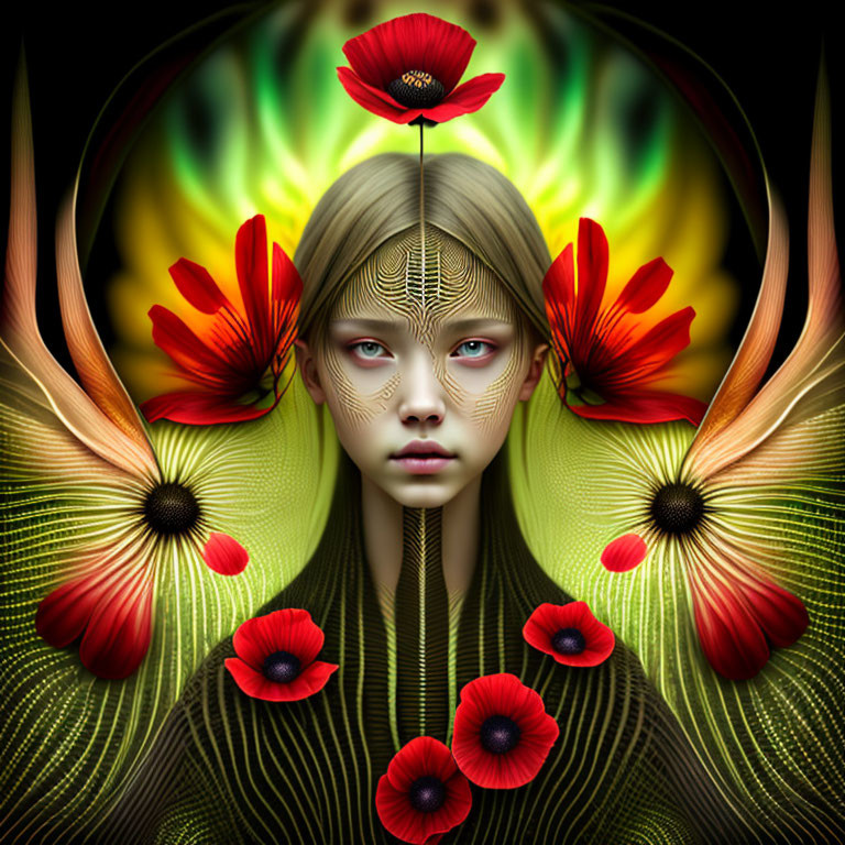 Symmetrical surreal portrait with poppy flowers and fractal patterns