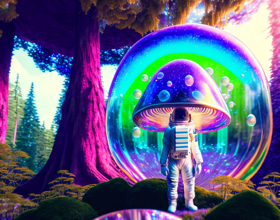 Astronaut observing giant glowing mushroom in enchanted forest