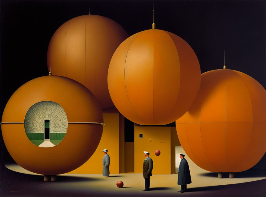 Surreal artwork: oversized orange spheres, geometric structures, small human figures, simplistic architecture on dark