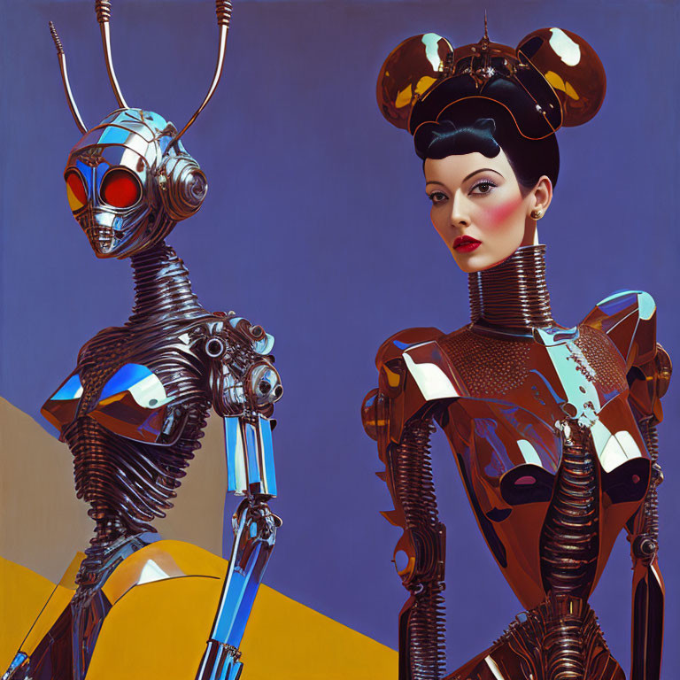 Futuristic humanoid robot and retro-futuristic woman in yellow-blue setting