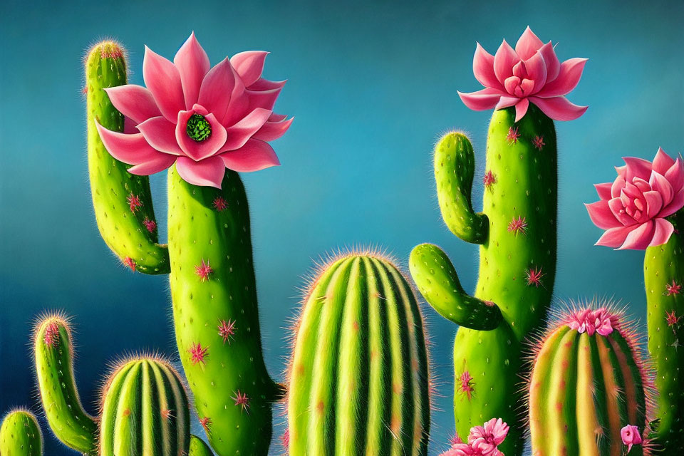 Colorful cactus painting with pink flowers on teal backdrop